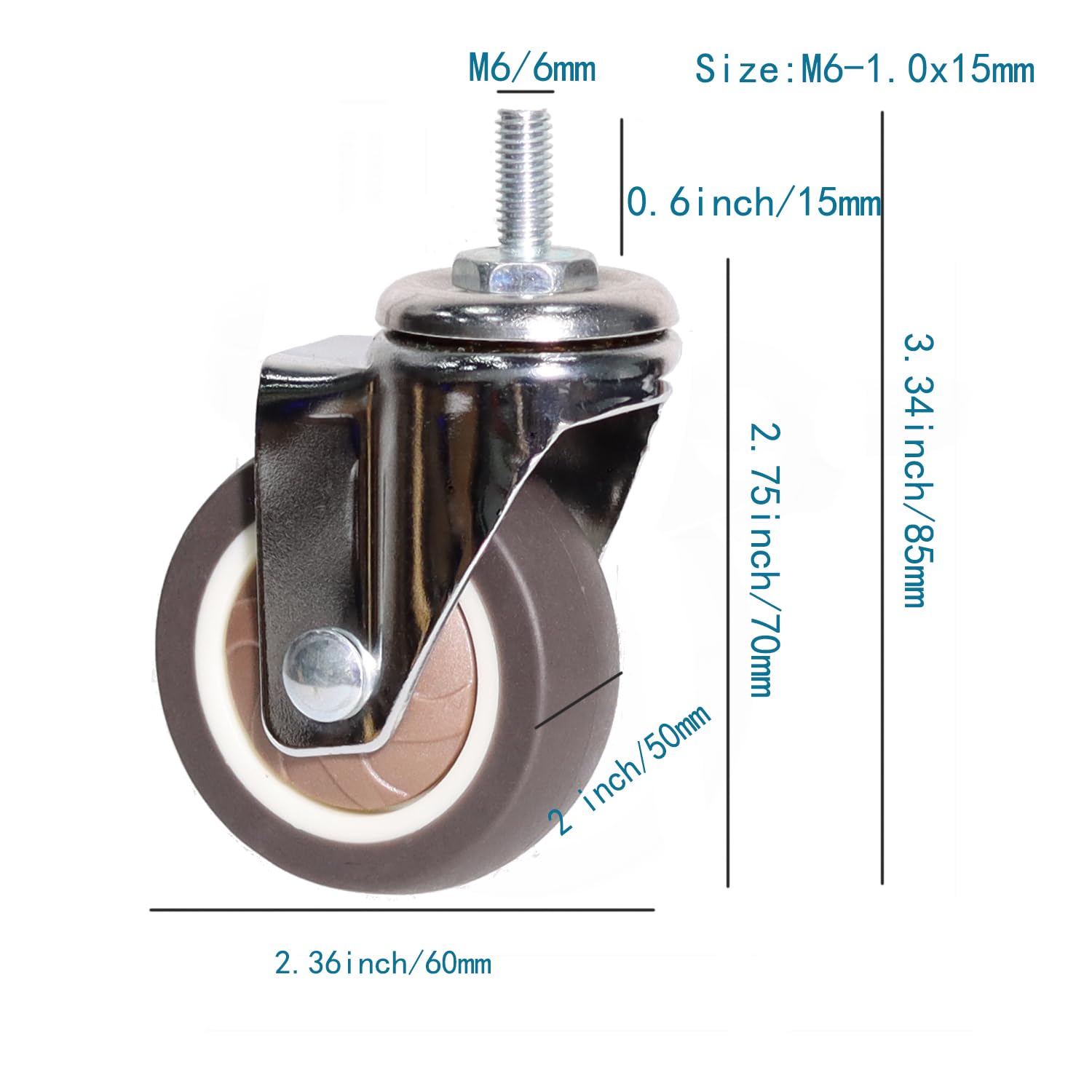 Ruote con Perno Girevole a 360 Gradi in TPR con Filettatura metrica M6-1.0x15mm, Ruote industriali per carrelli, mobili, carrelli da Lavoro (2,0 Pollici M6-1.0x15mm, Senza Freni)