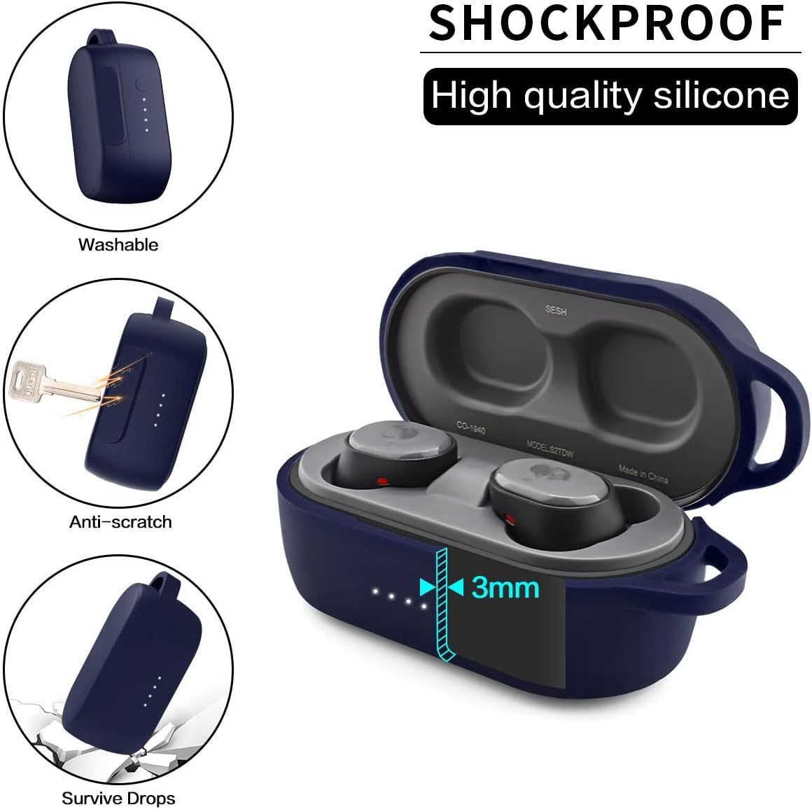 Protective Cover Case for Sesh & Sesh Evo Case with Keychain, Soft and Flexible, Anti-Lost & Shockproof Protective Skin Silicone Cover for Sesh Evo Charging Case (Blue) (Visible Front LED)