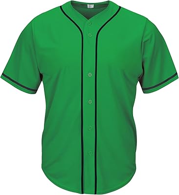 Pullonsy Mens Plain Baseball Jerseys Button Down Mesh Fashion Hip-Hop Hipster Shirt,Black Stripe Kelly Green Jersey,Size L