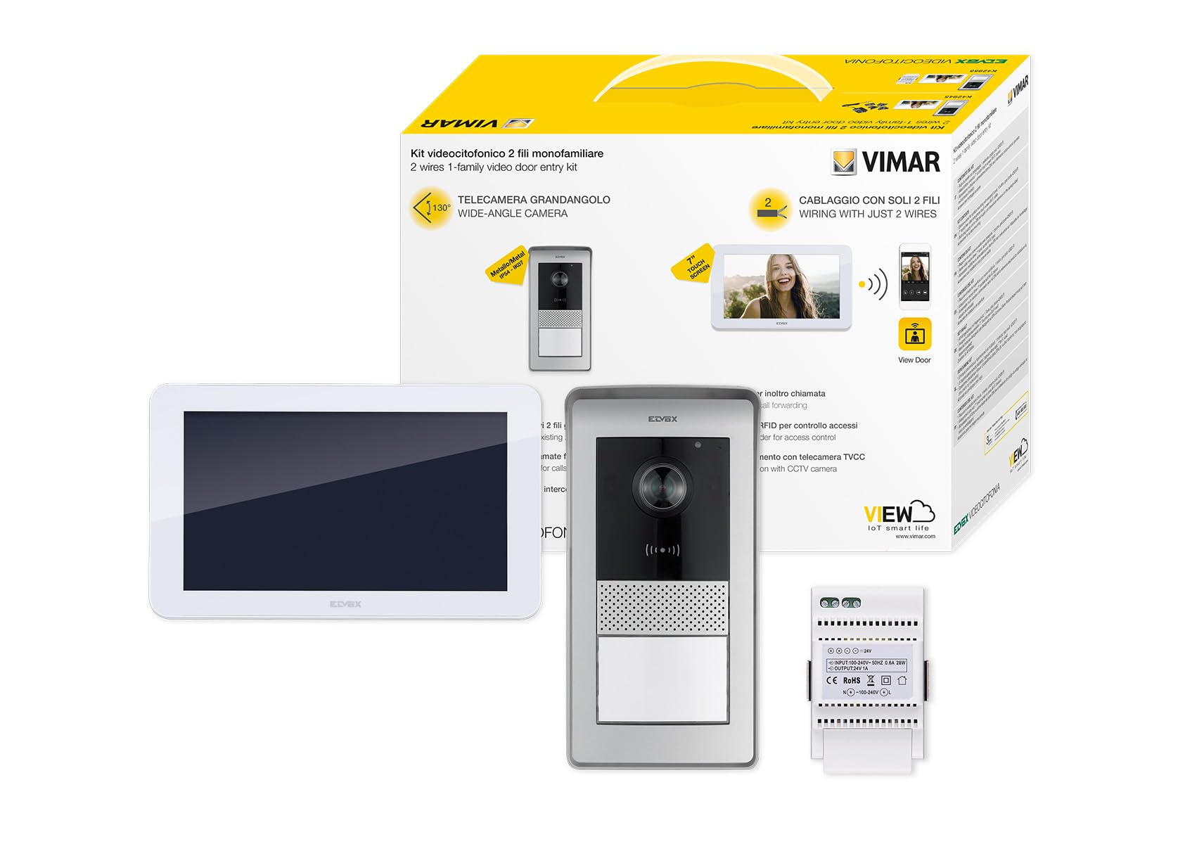 Vimar K42955 Kit videocitofono WIFI monofamiliare, alimentatore barra DIN, touch screen vivavoce Wi-Fi a colori LCD 7", targa audiovideo RFID