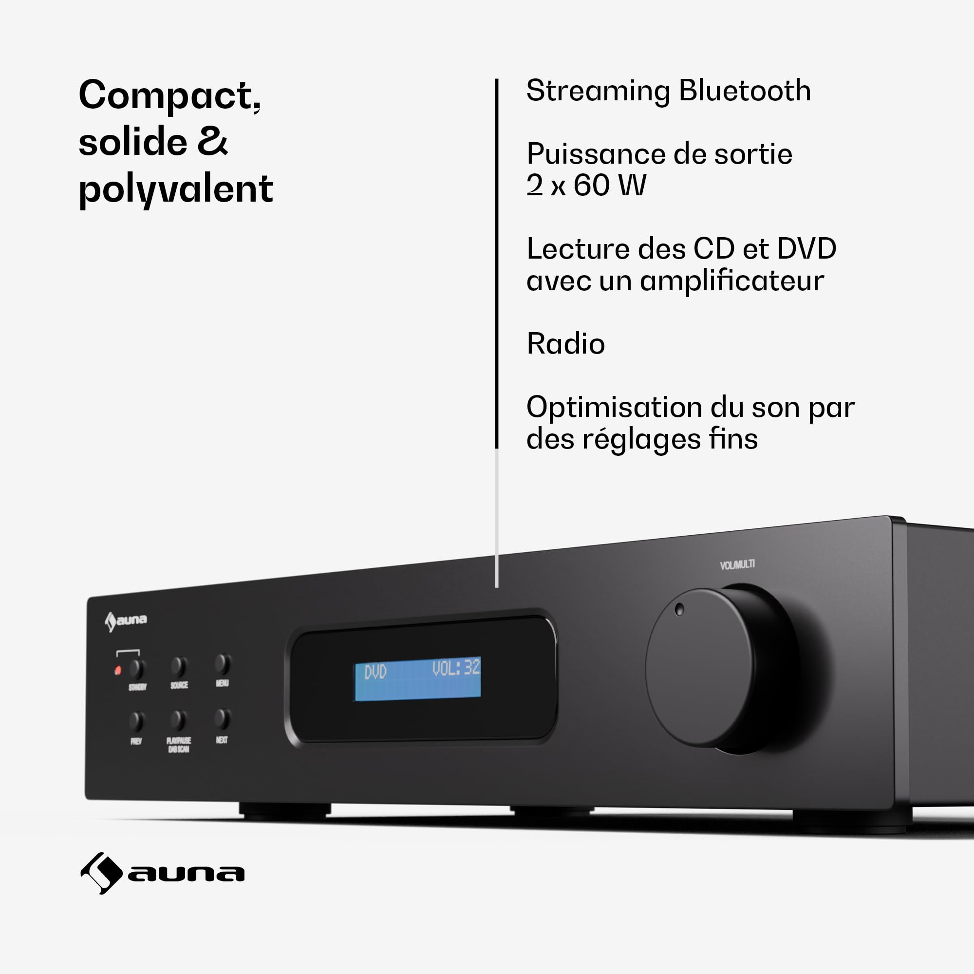 Auna Art22 Amplificateur Audio HiFi Bluetooth & Radio Dab+ - 2x60W, Entrées Optiques & Coaxiales, Tuner FM, Lecture CD/DVD, Télécommande, Design Compact, Noir