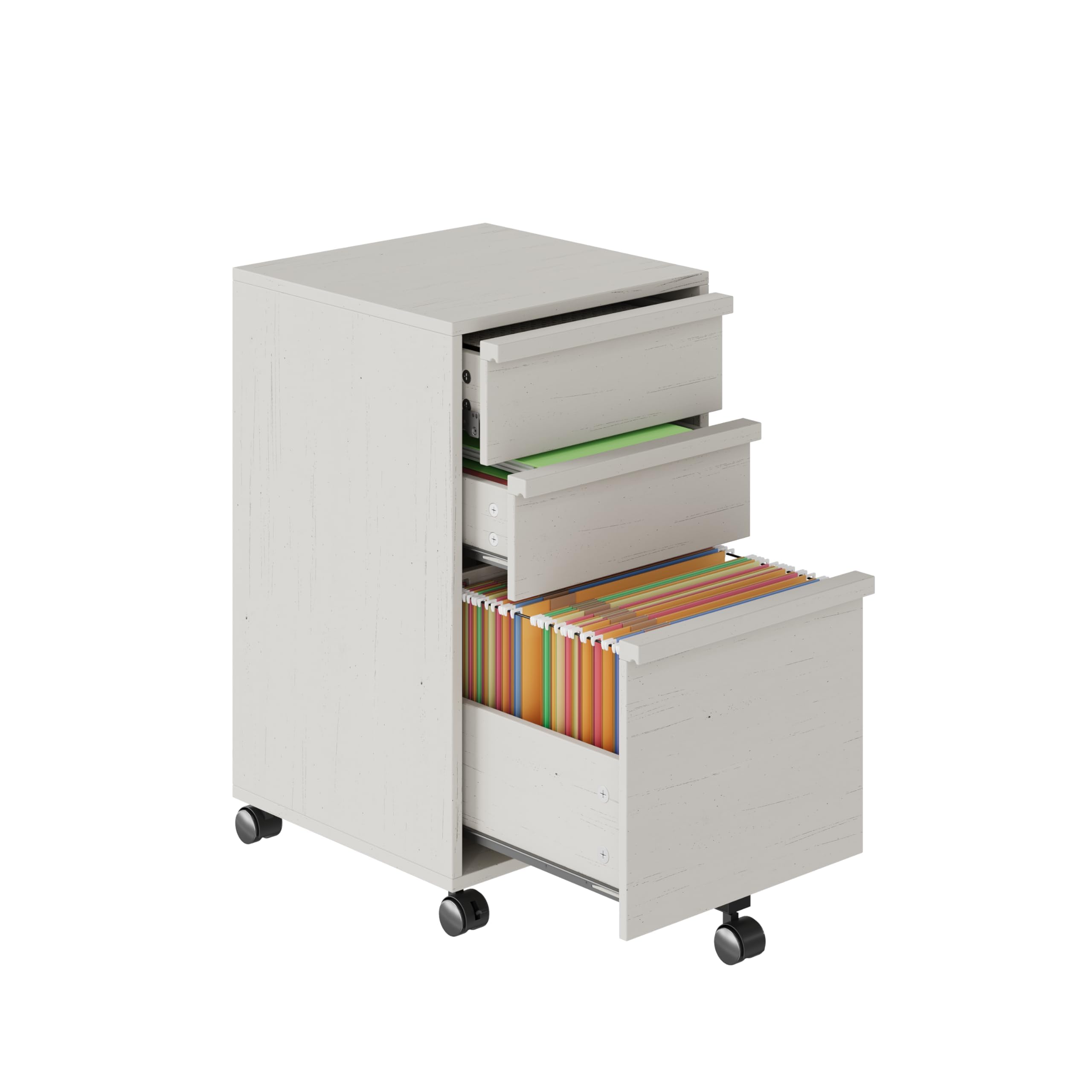 Garvee Cassettiera archivio su ruote in legno, mobile schedario sotto scrivania/portastampante - 3 cassetti con cassetto per cartelle sospese - 2 ruote con freno, Bianco antico, 3 cassetti