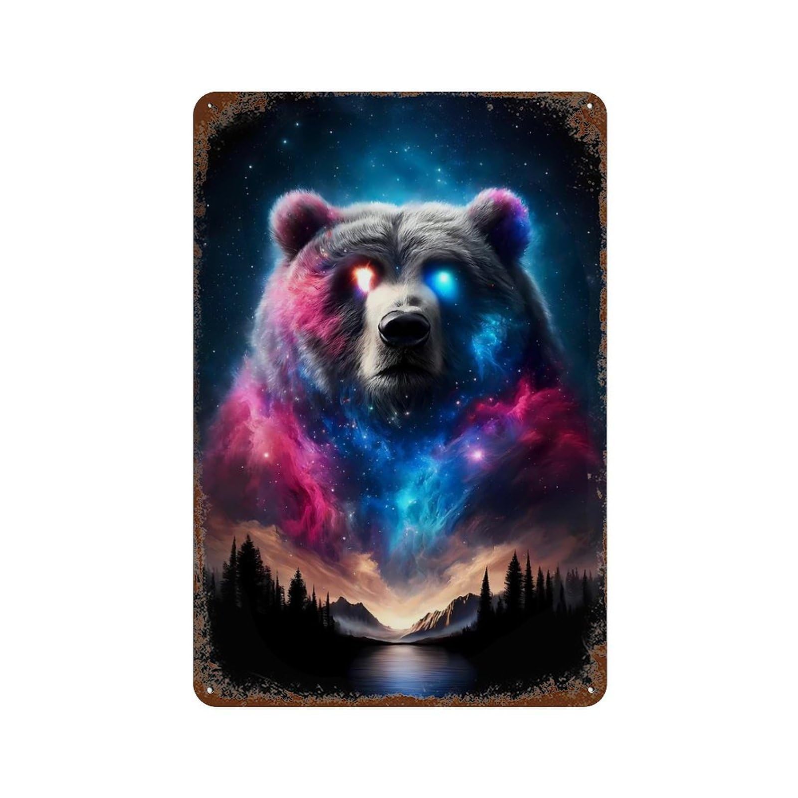 Distressed Metal Wall Sign Cosmic Bear 11.8"x7.9", Old School Wall Decor for Bistro, Counter And Cafe Decor