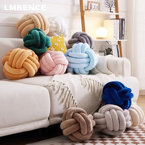 Miniatura 3 de Almohada decorativa de nudo suave, almohadas circulares estéticas (cian, mediano, 10.6 pulgadas) para cama, cojín de felpa hecha a mano para