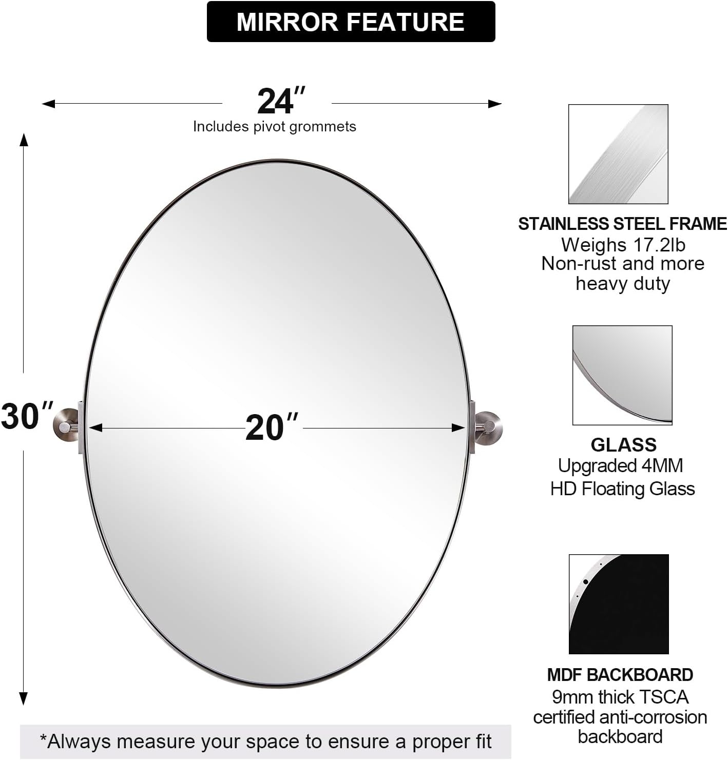 ANDY STAR Brushed Nickel Bathroom Mirror, 20 x 30 Inch Oval Pivot Mirror for Wall, Unique Farmhouse Tilt Mirror in Slim Silver Stainless Steel Metal Frame for Bedroom, Powder Room Brushed Nickel 30"L x 20"W