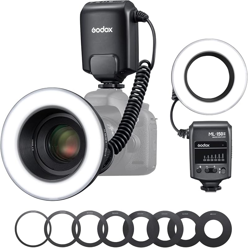 ML150 II Macro Ring Flash with 8pcs Adapter Ring for Sony Canon Nikon Fuji Olympus Panasonic DSLR Cameras, Shooting Insects, Flowers, Portraits, Food and Dental Photography