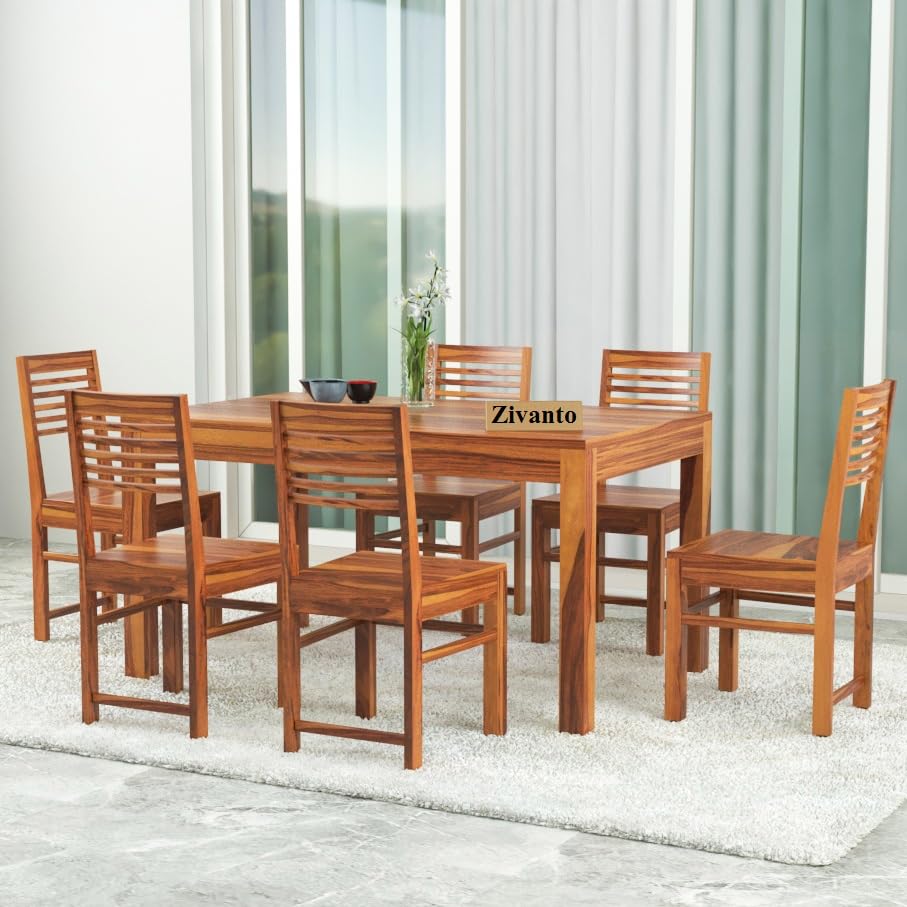 Image of Solid Sheesham Wood Dining Table 6 Seater | Rectangle Six Seater Dinning Table with 6 Chairs for Home | Wooden Kitchen Dinner Table 6 Seater | Dining Room Sets for Restaurants | Teak Finish