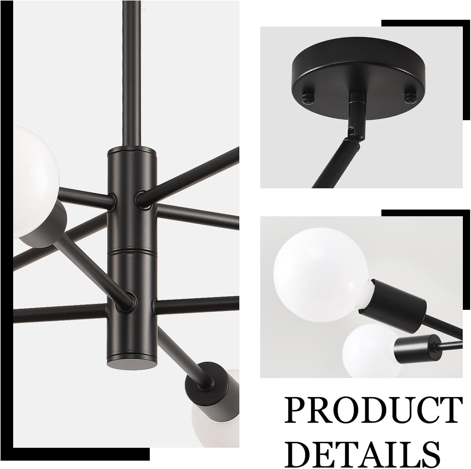 HHR Black Sputnik Light Fixture, 8-Light Modern Dining Room Chandelier, Height Adjustable Chandeliers for Kitchen Island Over Table, Mid Century Ceiling Lighting Fixture