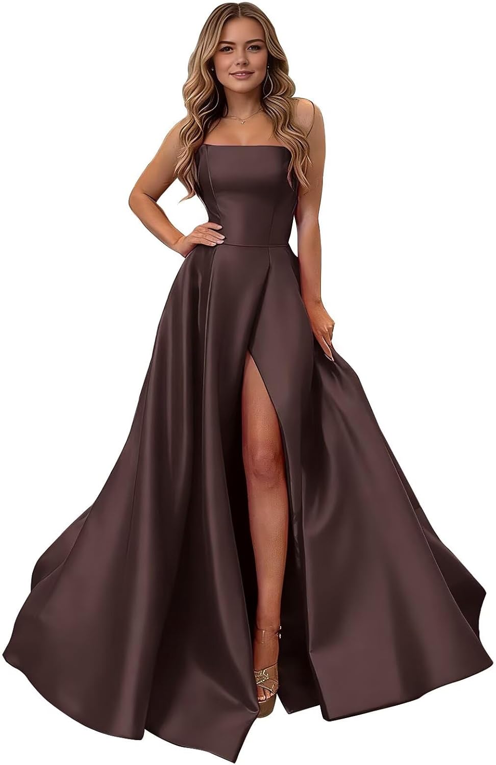 RYANTH Strapless Satin Prom Dresses for Women Long A Line Cocktail Dress Pleated Formal Evening Party Gowns with Slit