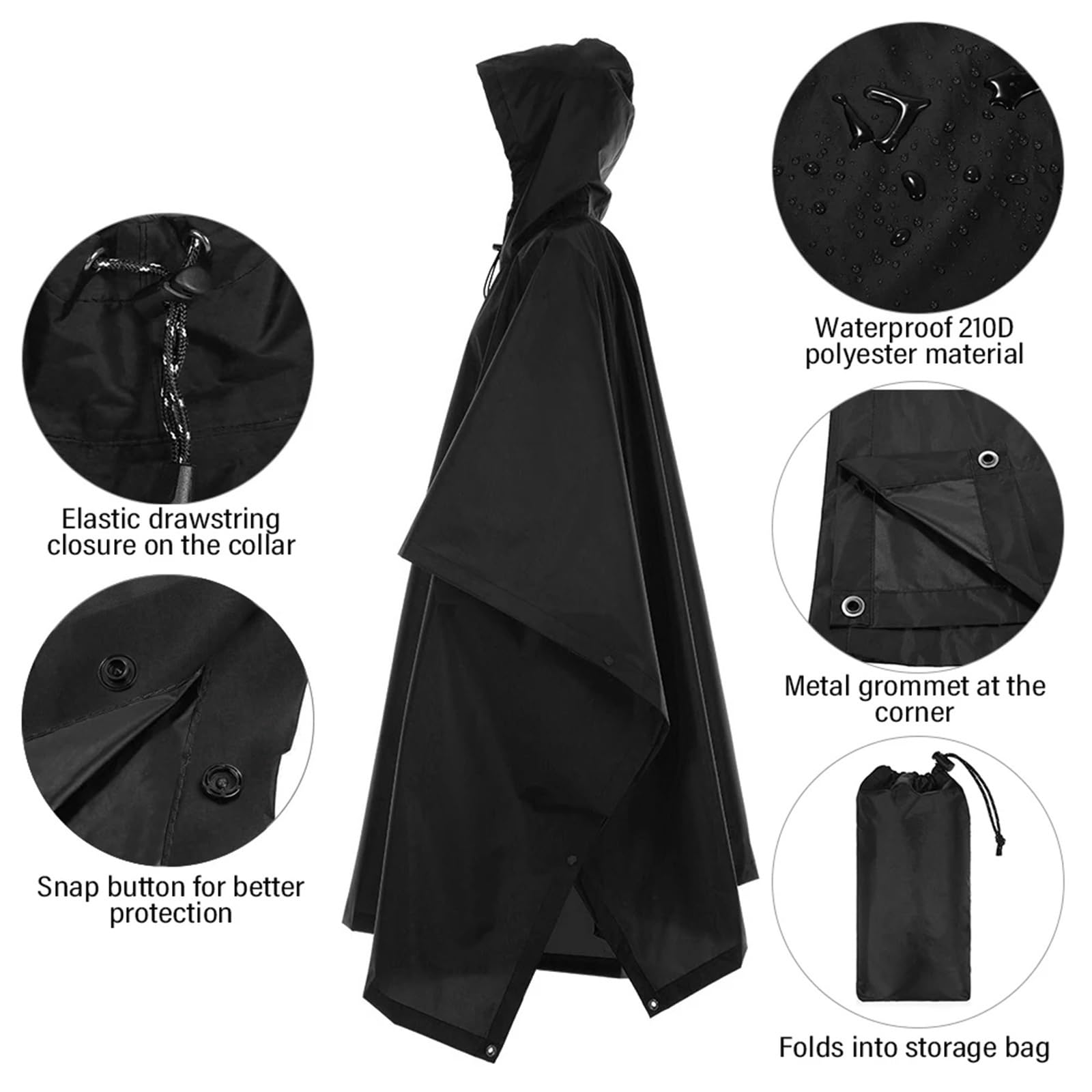 Poncho De Lluvia Poncho de Lluvia Impermeable, Abrigo Ligero con Capucha for la Lluvia, Estera de Picnic, Manta, Refugio Solar for Acampar al Aire Libre, Senderismo, Ciclismo y Escalada(Black)