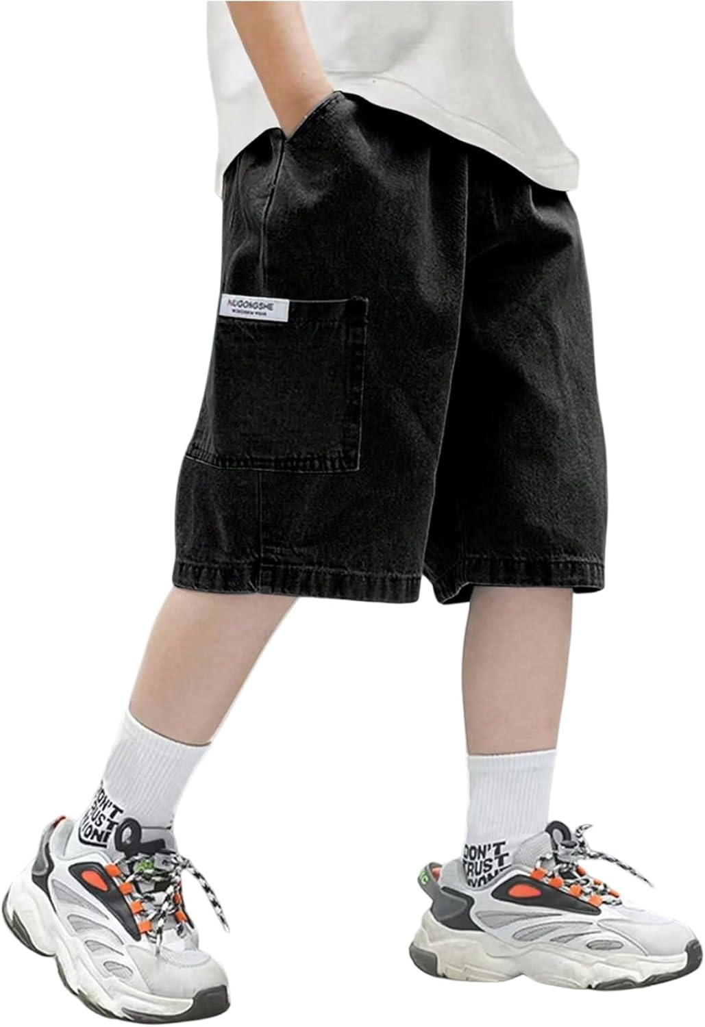 GORGLITTER Boy's Jean Shorts Elastic Waist Wide Leg Denim Shorts Casual Cool Cargo Jorts
