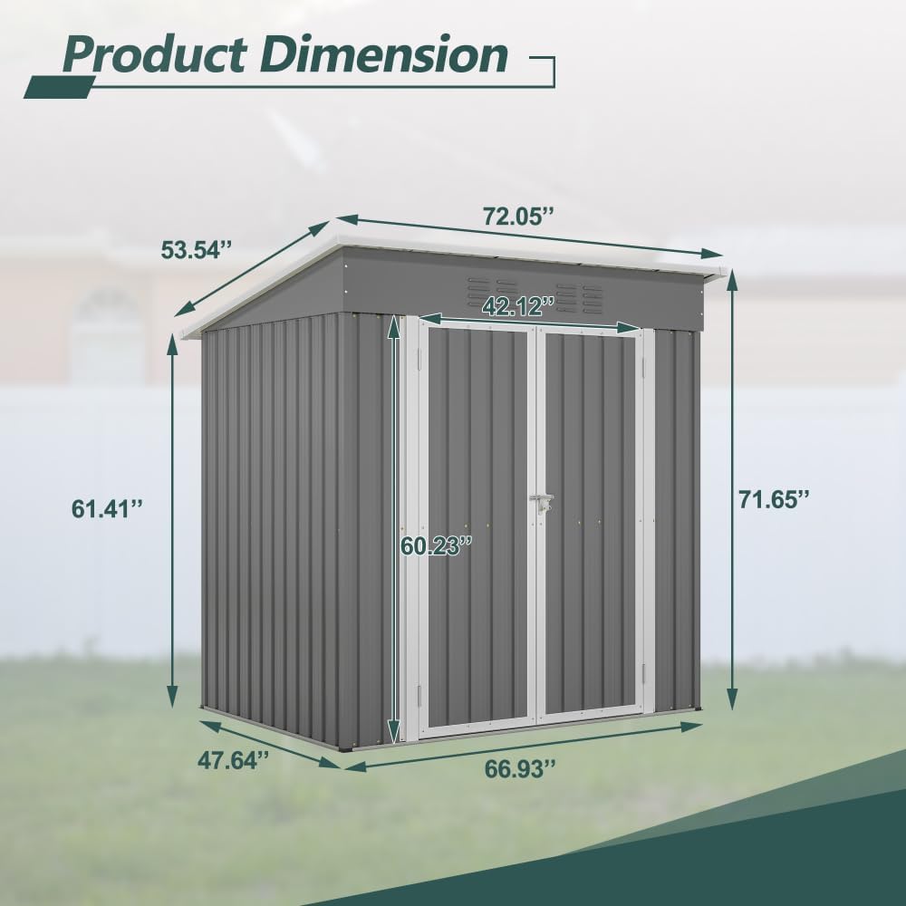 Outdoor Storage Shed and Gazebo Combo,Galvanized Steel Garden Shed & Patio Pergola, Metal Shed with Lockable Tool Storage and Open Hardtop for Backyard (Grey,6x4 ft Grey with Floor Frame)