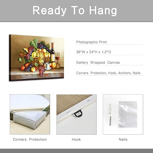 Miniatura 7 de Arte de pared de vino de uva pintura de vino tinto y frutas sobre lienzo para pared (36 pulgadas de ancho x 24 pulgadas de alto, varios tamaños)