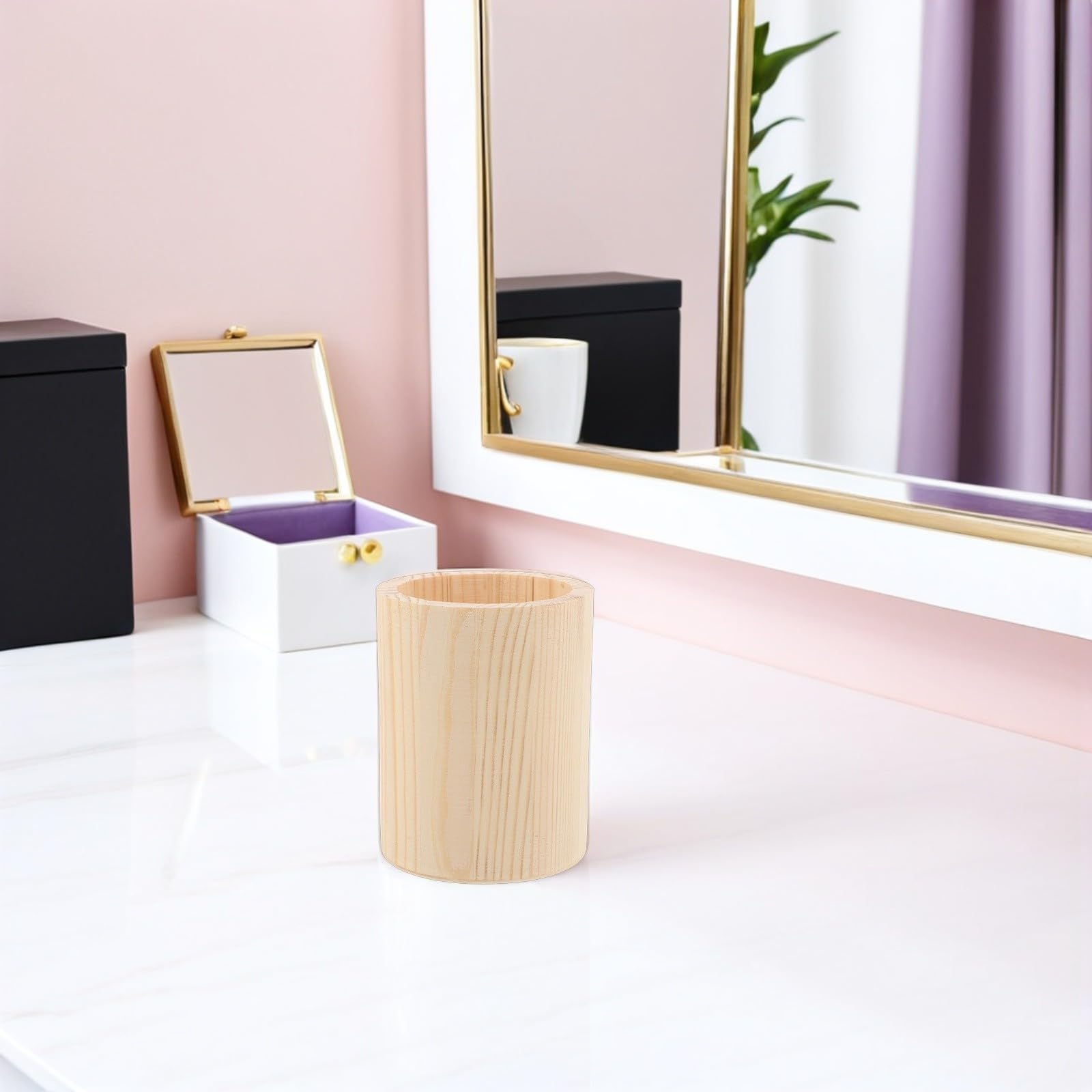 4 Portalápices de Madera Natural para Escritorio Organizador Hexagonal y Redondo DIY Contenedor Rústico para Pinceles de Maquillaje y Papelería Set de 4 Unidades Beige