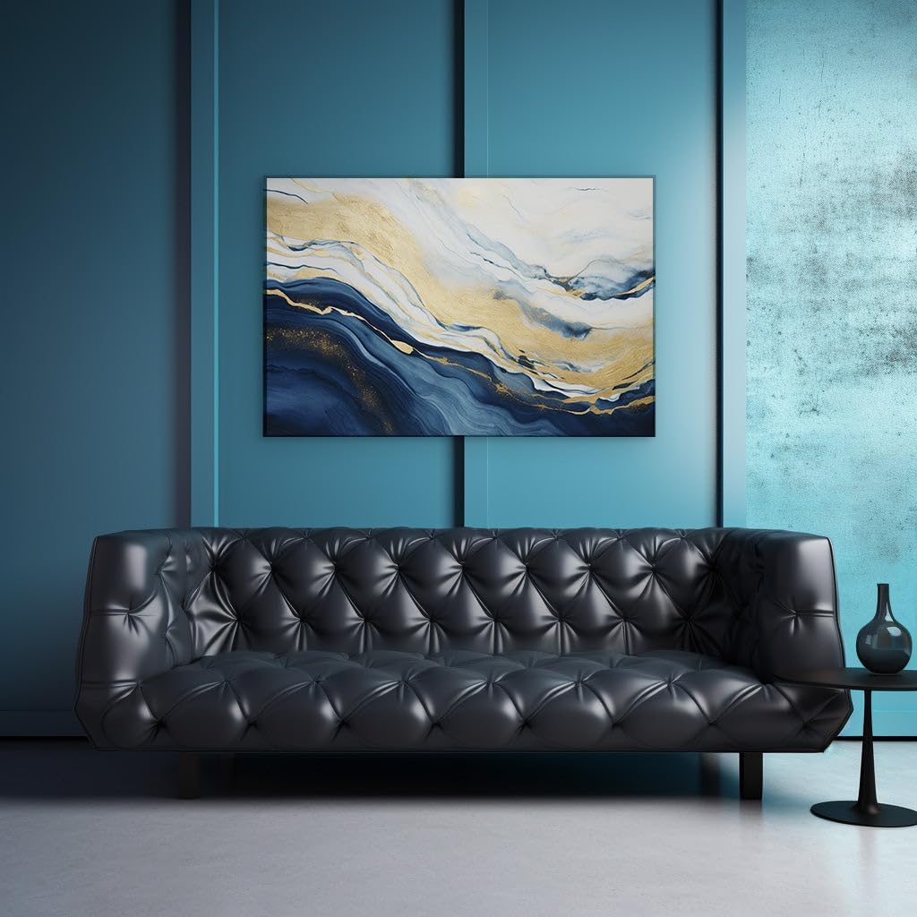 Canvas for Living room. Waves of Elegance The Luxurious Dance of Blue, Gold, and White in Abstract Art, 27 x 18 inch Canvas Wall Art - Ready to Hang