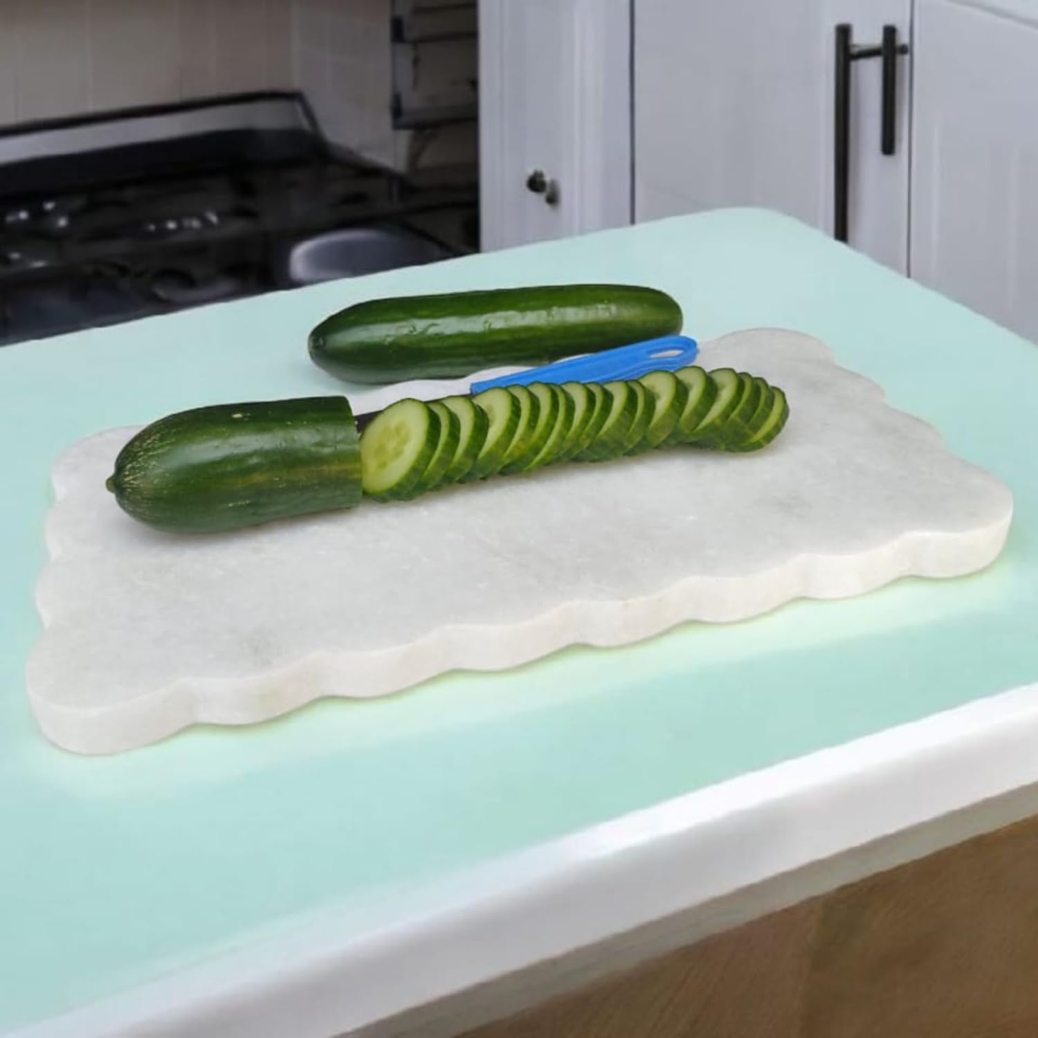 Natural Multi-Purpose Marble Charcuterie & Cutting Board with Scalloped Edge Chopping Board Decorative Vanity Bathroom Kitchen Tray Non-Slip Bumper Scratch Proof Home Décor Perfume Display 12"x6"