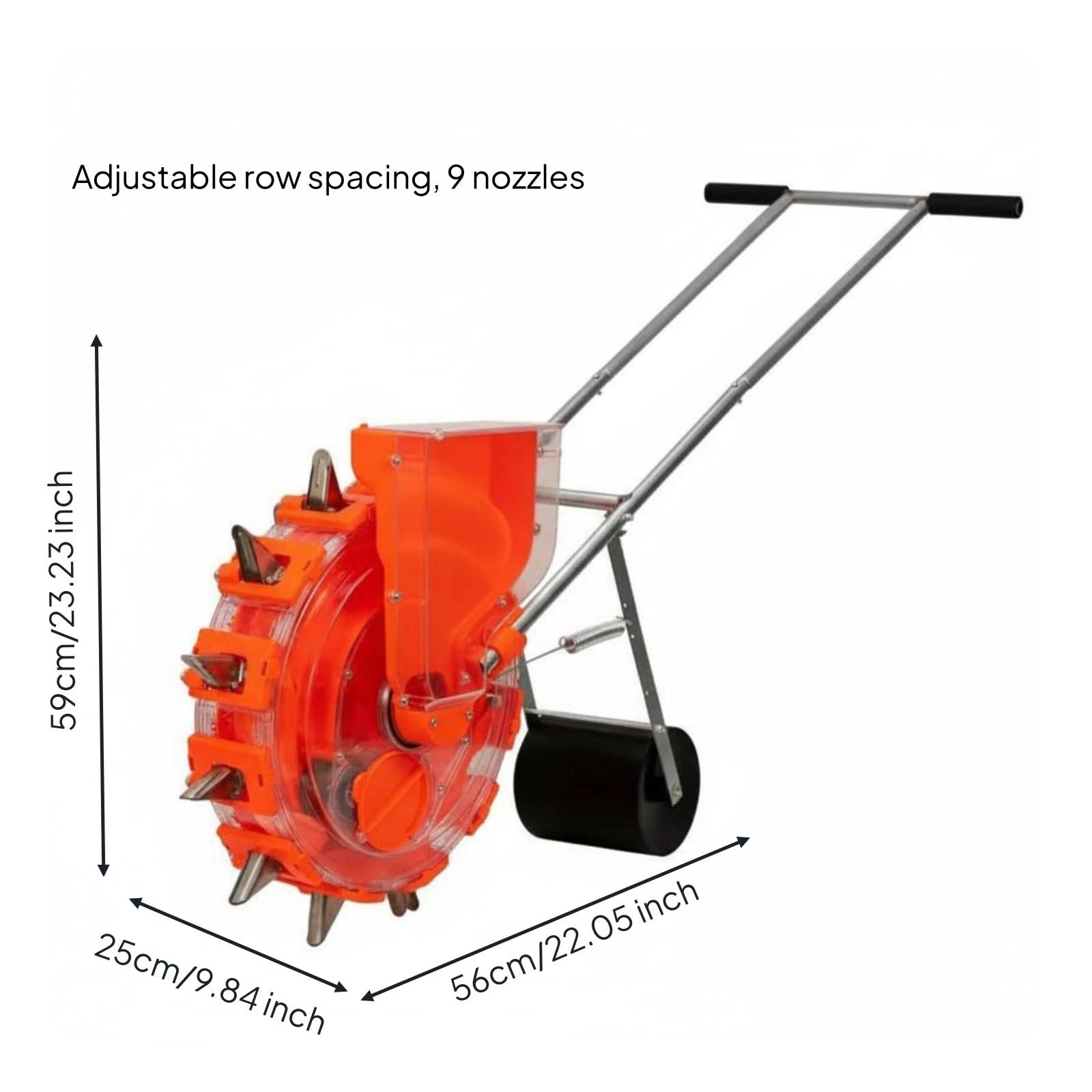 predolo Seminatrice a Spinta Multifunzionale Piantatrice Manuale a Ruote Beccuccio in Acciaio Inossidabile Attrezzatura Agricola per Agricoltori, Giardinieri, 9 Bocche, Spaziatura Regolabile