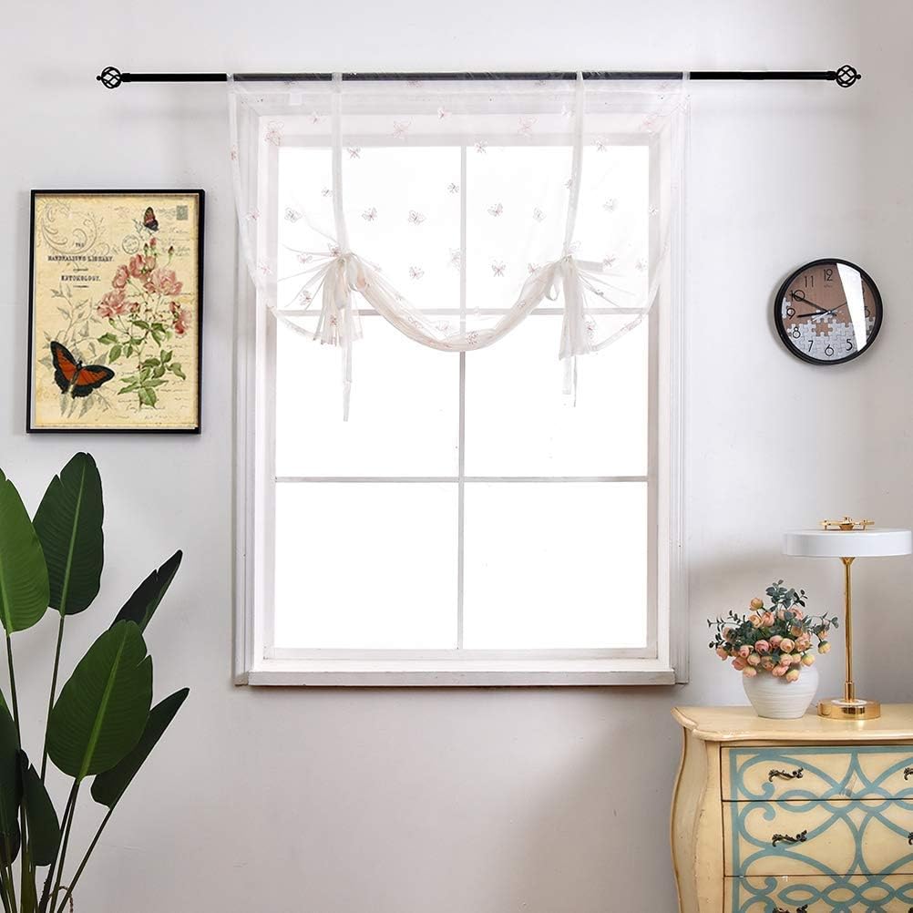 Curtain,Embroidered Voile Tie Blind Curtain Panel Kitchen Bedroom Sheer Semi Sheer Shade Rod Pocket Top/Pink/120Cm*140Cm/47"*55"