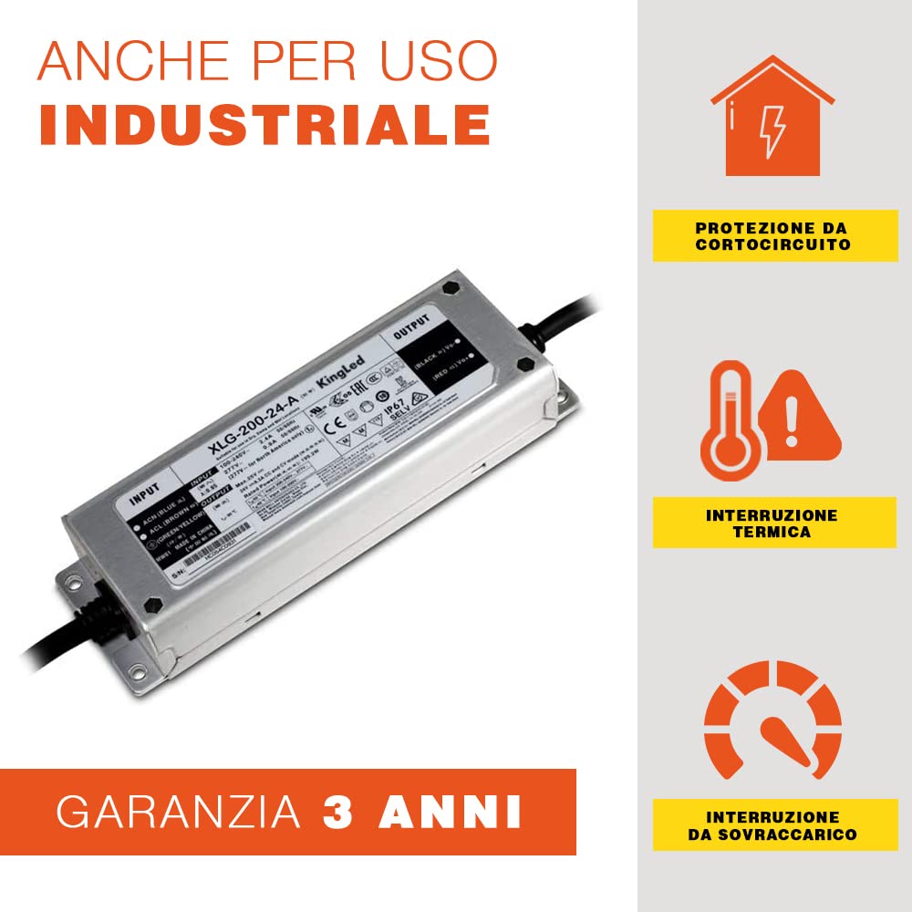 KingLed - Alimentatore 24V Impermeabile IP67 200W 8.3A Modello MeanWell XLG-200-24 Trasformatore 24V da Esterno Driver per Led da 230V a DC 24V