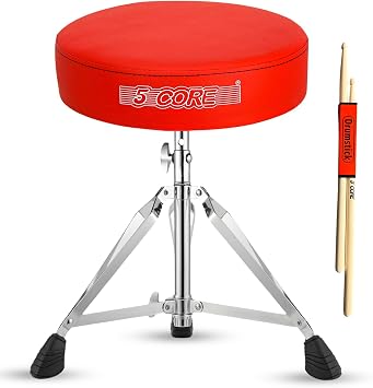 5 CORE Drum Throne Thick 3" Padded Drum Seat Adjustable Drumming Stools with Anti-Slip Feet for Drummers Practice and Performance Stage and Studio Use Red - DS CH RED
