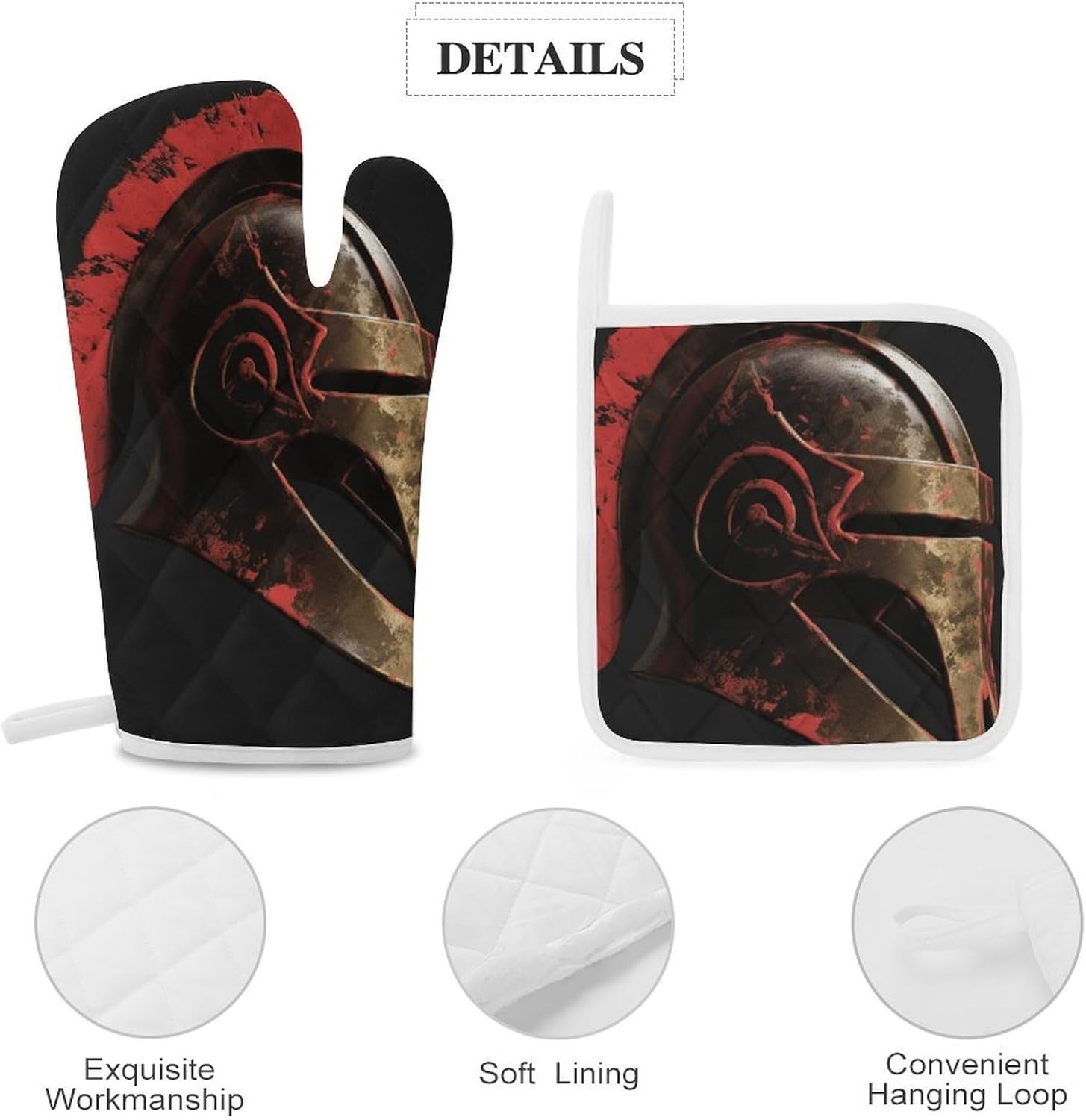 4-Piece Oven Mitts and Pot Holders Set Spartan Warrior Helmet Printed Heat-Resistant Polyester Kitchen Gloves and Potholders Comfortable & Durable for Cooking Baking and Grilling