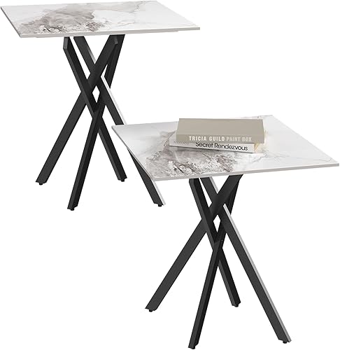 Juego de 2 mesas auxiliares laterales de mármol blanco con patas de metal, cuadrada de piedra sinterizada, moderna mesa auxiliar pequeña para sala