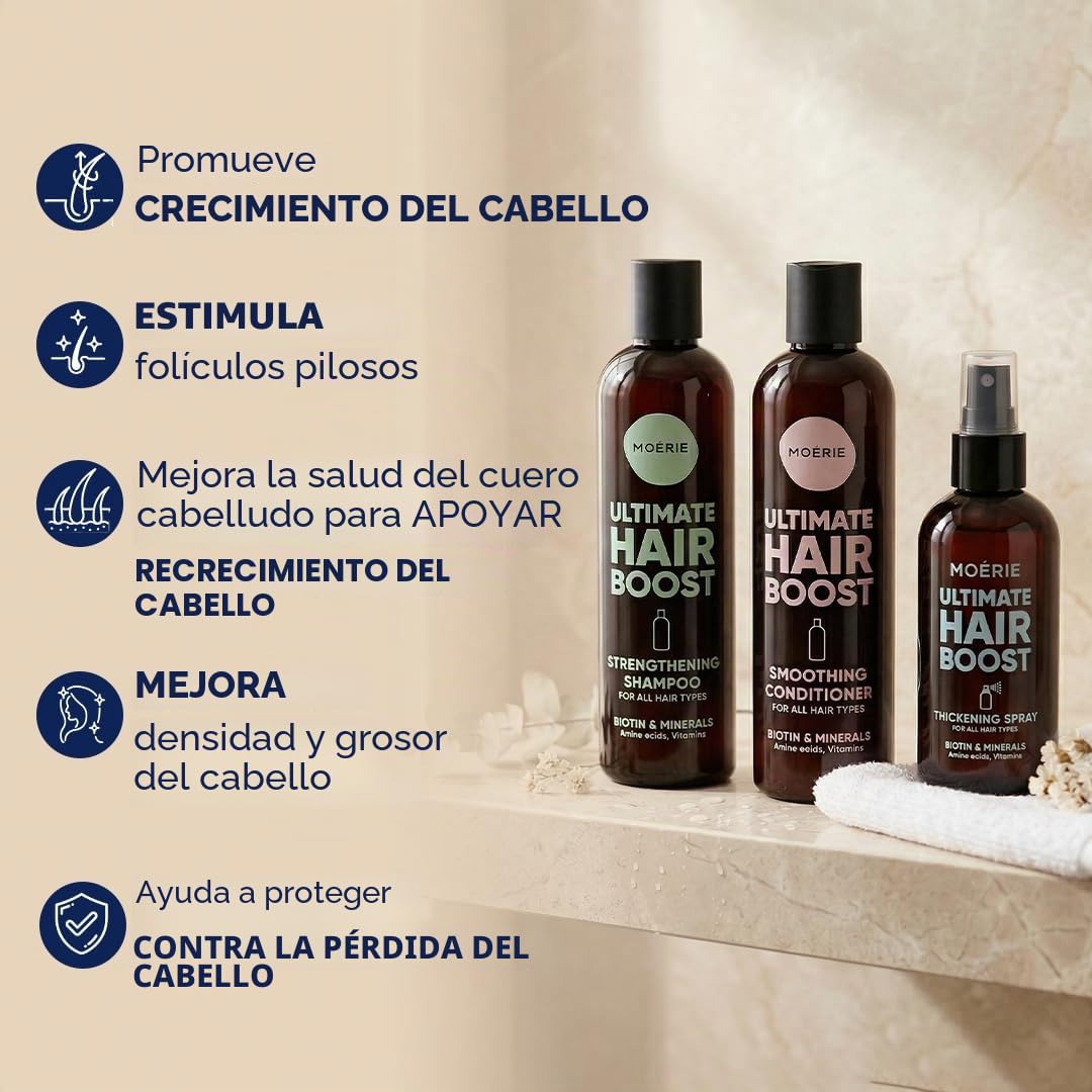 Moerie Mineral Shampoo y Condicionador con Hair Spray Mega Pack – El Set Último Hair Care para Cabello Largo, Fuerte y Voluminoso - Productos Vegetales – Sin Parabens ni Siliconas