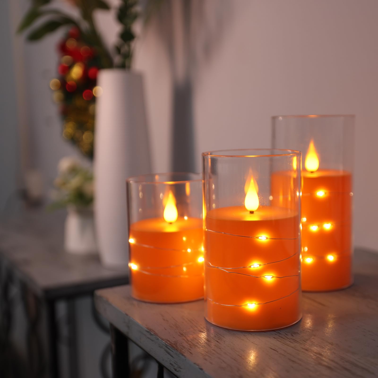 Da by Candele a LED, Candela da incasso arancione, candele a batteria, con luci a stringa incorporate 3 candele senza fiamma, funzione timer 24 ore, fiamma danzante, cera reale