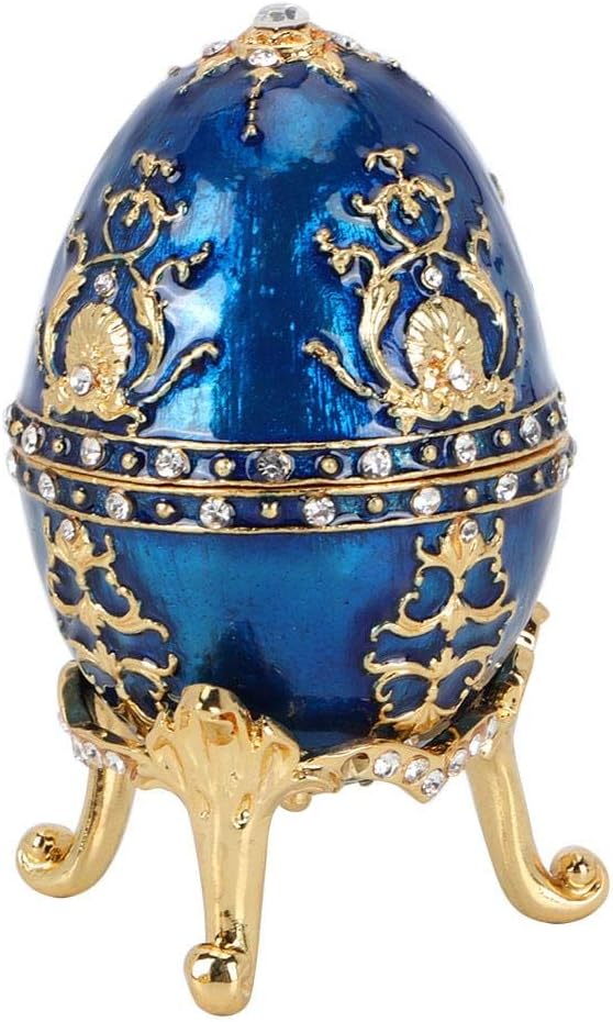 Painted Enameled Faberge Egg Style Decorative Hinged Jewelry Trinket Box Unique Gift for Home Decor (Blue)