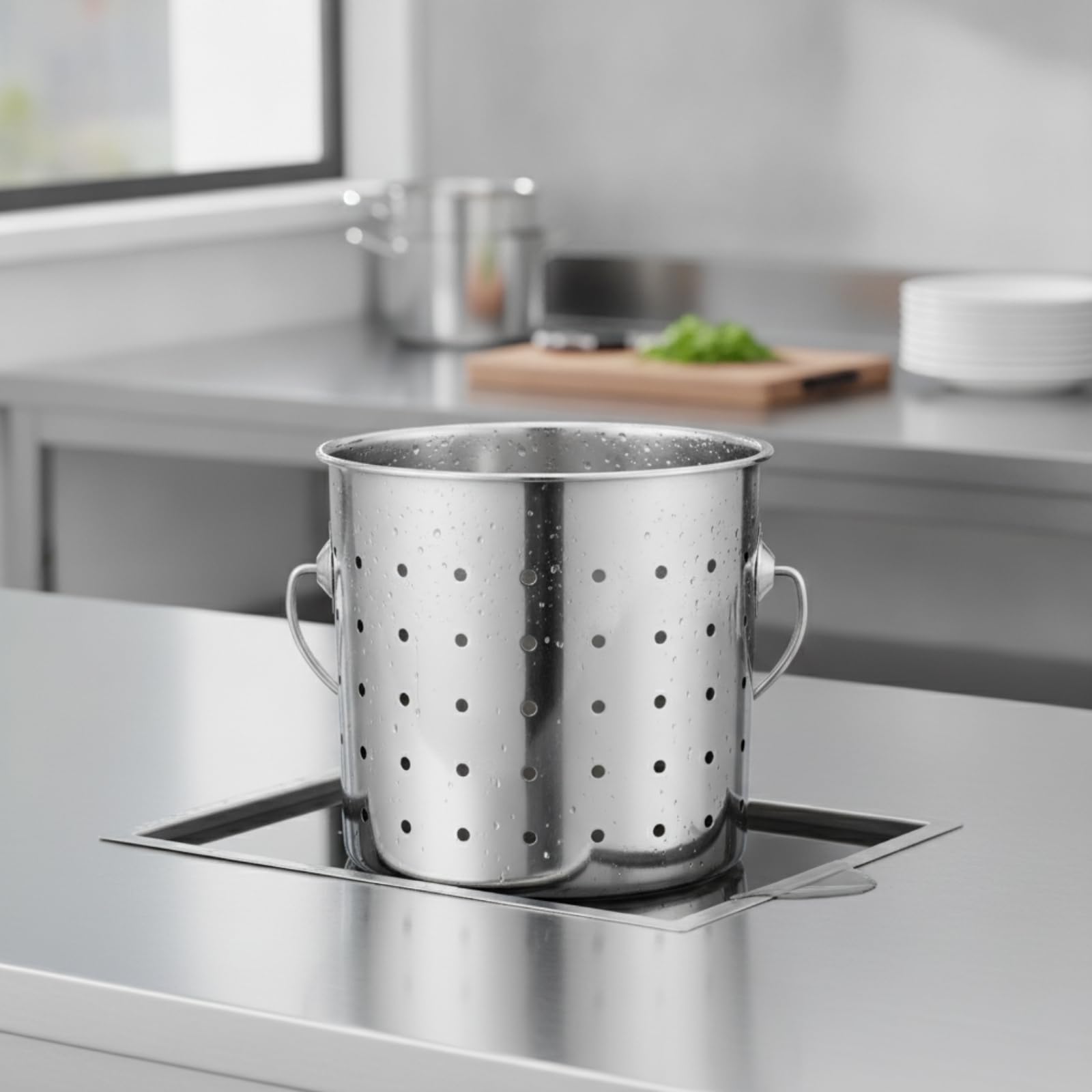 Cubo Colador Acero Inoxidable con BOR Redonado y Agujeros Uniformes para Escurrir y Alimentos sobre Estufas, 25CM