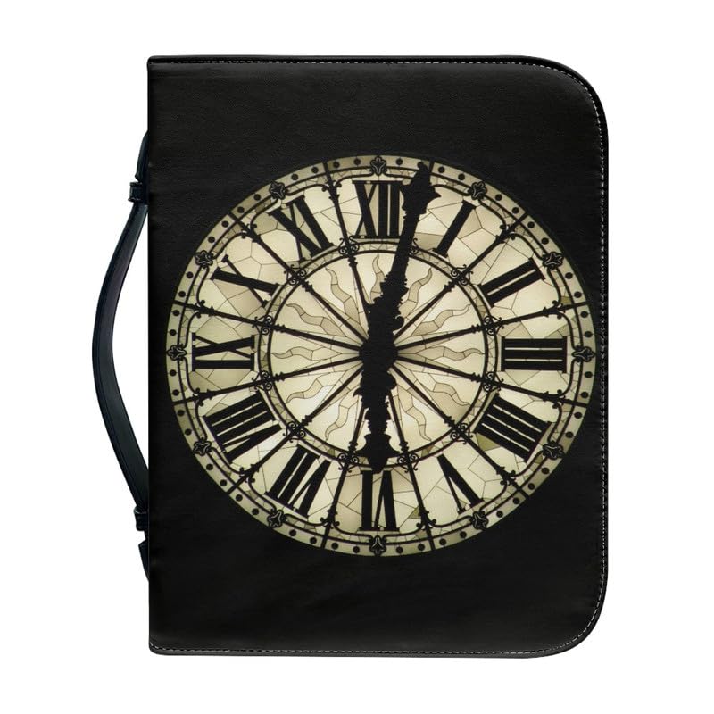 Kuiaobaty Retro Clock Print Bible Book Cover Protector Book Bag with Handle, Stain Glass Art Faux Leather Notebook Case for Book Lover — image 1