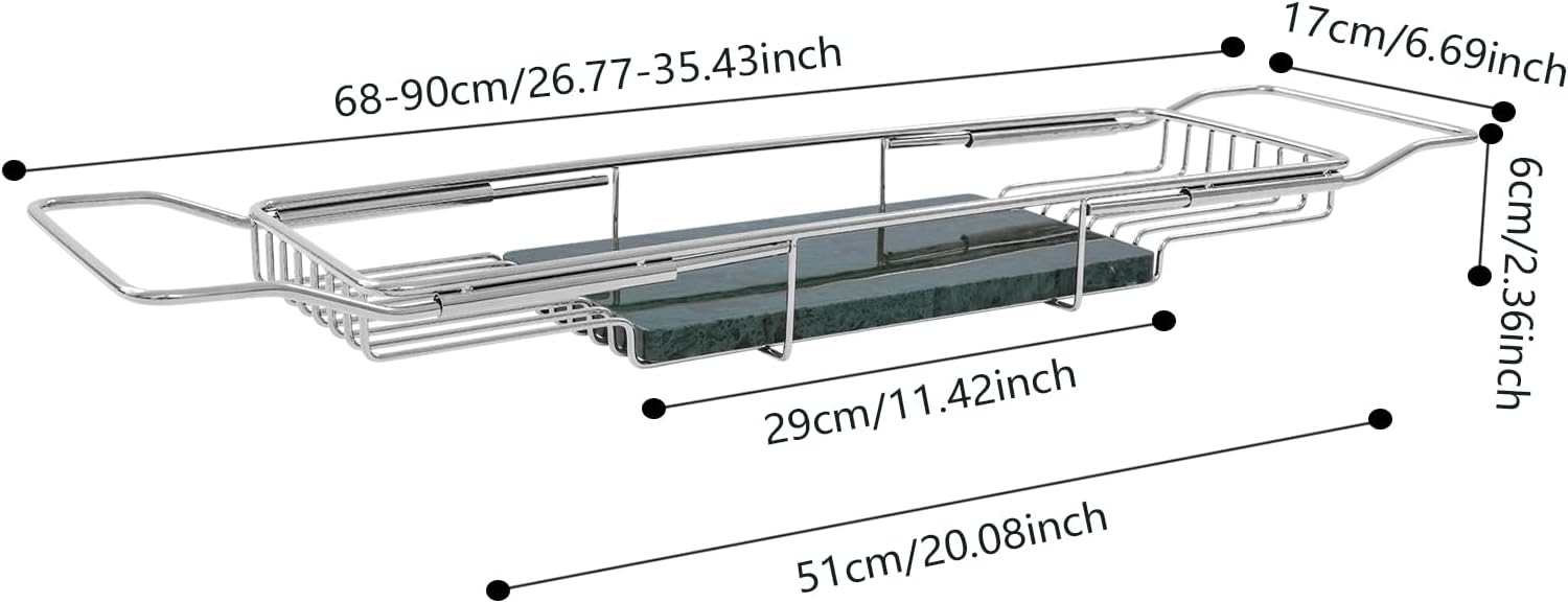 Stainless Steel Bathtub Tray, 44.09 lbs Capacity Bath Caddy, Modern Green Marble Bathtub Tray, Expandable Tool for Bathroom, Kitchen & Hotel, Adjustable 26.77-35.5in(Silver+Green)
