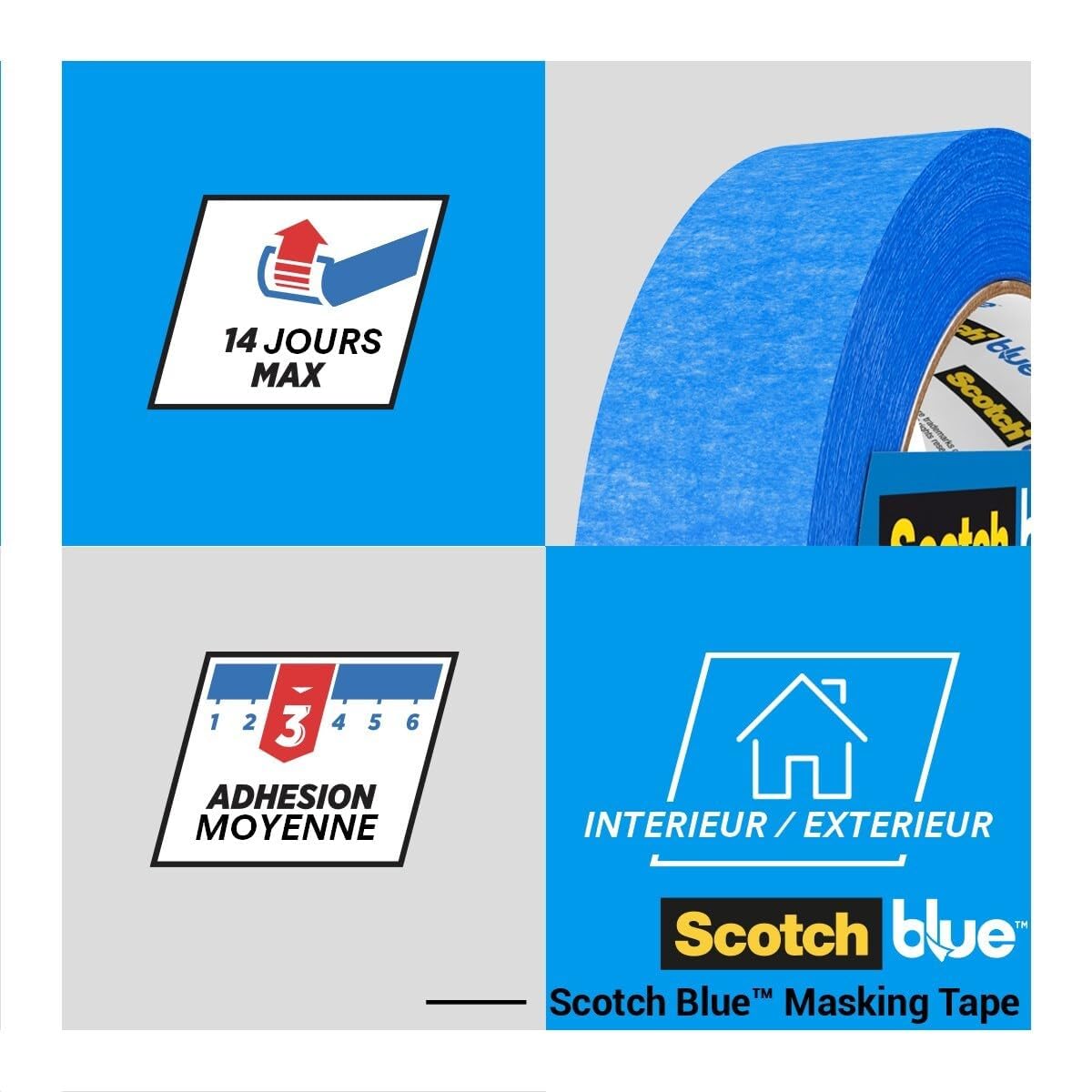 ScotchBlue Ruban de Masquage Multi-Surfaces 36 mm x 41 m 4 Rouleaux Adhésif Peinture Intérieur Extérieur 70% PEFC
