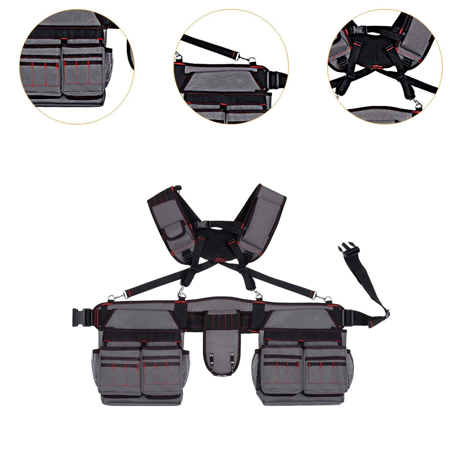 Ceinture Porte-outils avec Bretelles, Sacoche de Ceinture, Pochette Utilitaire Professionnelle étanche pour Les Travailleurs de La Construction, Gris Rouge