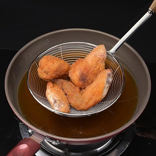 Vista 19 de Colador de araña, araña de cocina, cuchara de araña extra grande de 7.9 pulgadas con mango de madera, utensilio de cocina de araña de acero 7.9 in