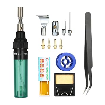 Honeytecs 13 in 1 13Pcs Soldering Iron Kit 26ml Full Electronics Set Pen Welding Tool Car Repairing Gas Soldering Self-igniting Torch Outdoors/Green Transparent
