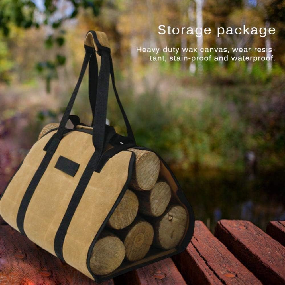 qiuqiu Firewood Logs Carrier, Waxed Canvas Log Carrier Bag, Heavy Duty Large Capacity Waxed Canvas Fireplace Firewood Storage Bag, Indoor Outdoor Log Holder Carrier 48x32x25cm-b