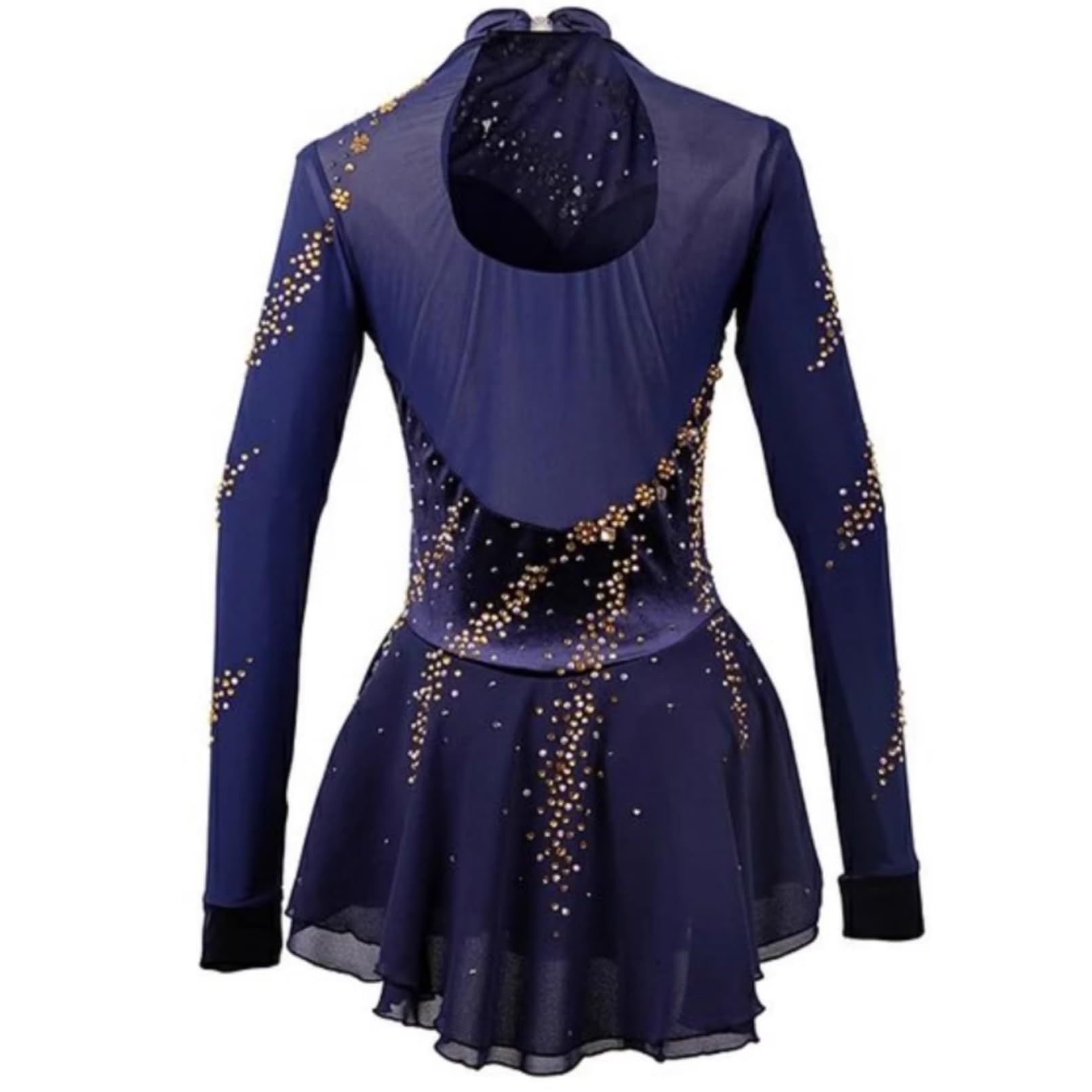 Kürkleider Eiskunstlauf Kleid für Damen, Lyrisches Ballett Tanzkostüm Lila Hoher Ausschnitt Voller Strass Handgemacht Turnanzug Mädchen Langarm