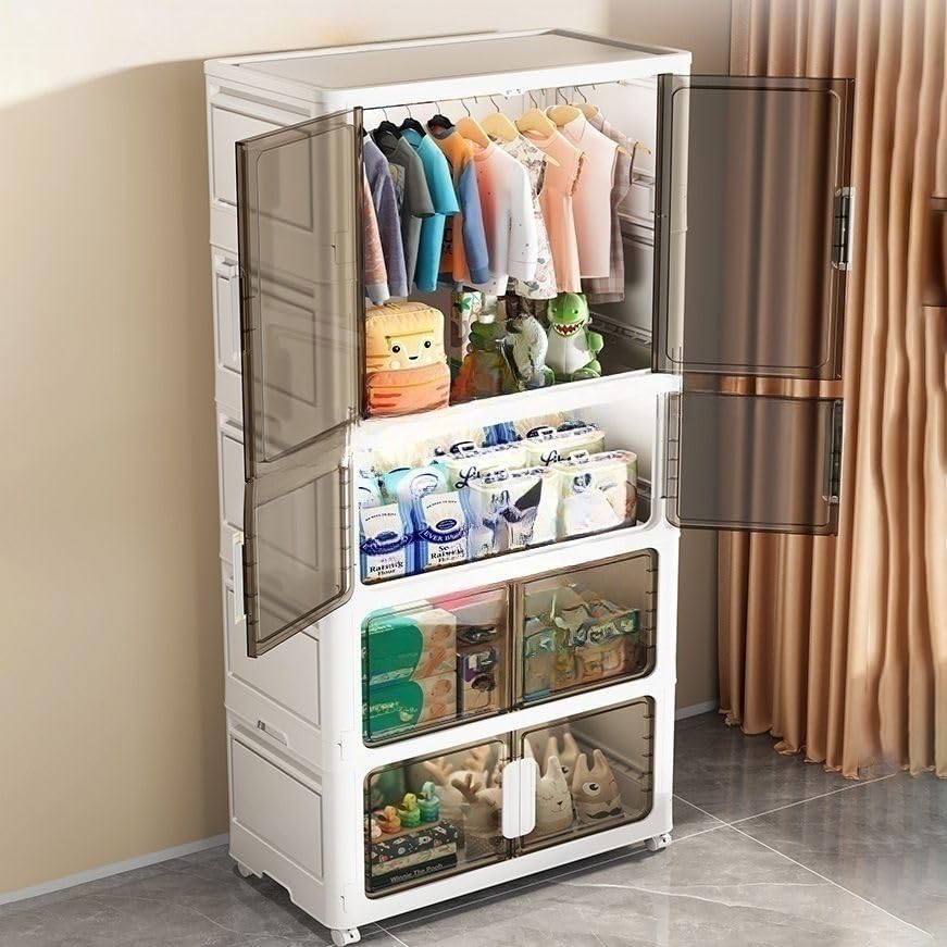 Image of EXVITO Modular Plastic Wardrobe for Bedroom | 2 Tier+2 Bins Foldable Cupboard with Hanging Rod | Stackable Storage Almirah for Clothes with Wheels | Multi-Layer Plastic Storage Cabinet - White