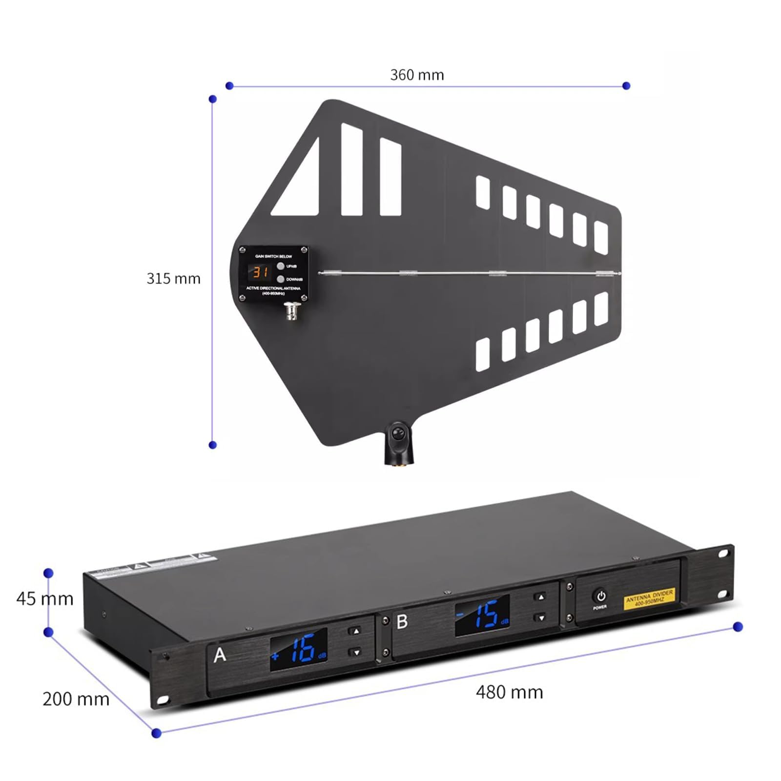 Sistema di microfoni wireless, distribuzione antenna UHF, 16 canali, guadagno regolabile, gamma di frequenza 400-950 MHz per palcoscenico ed eventi