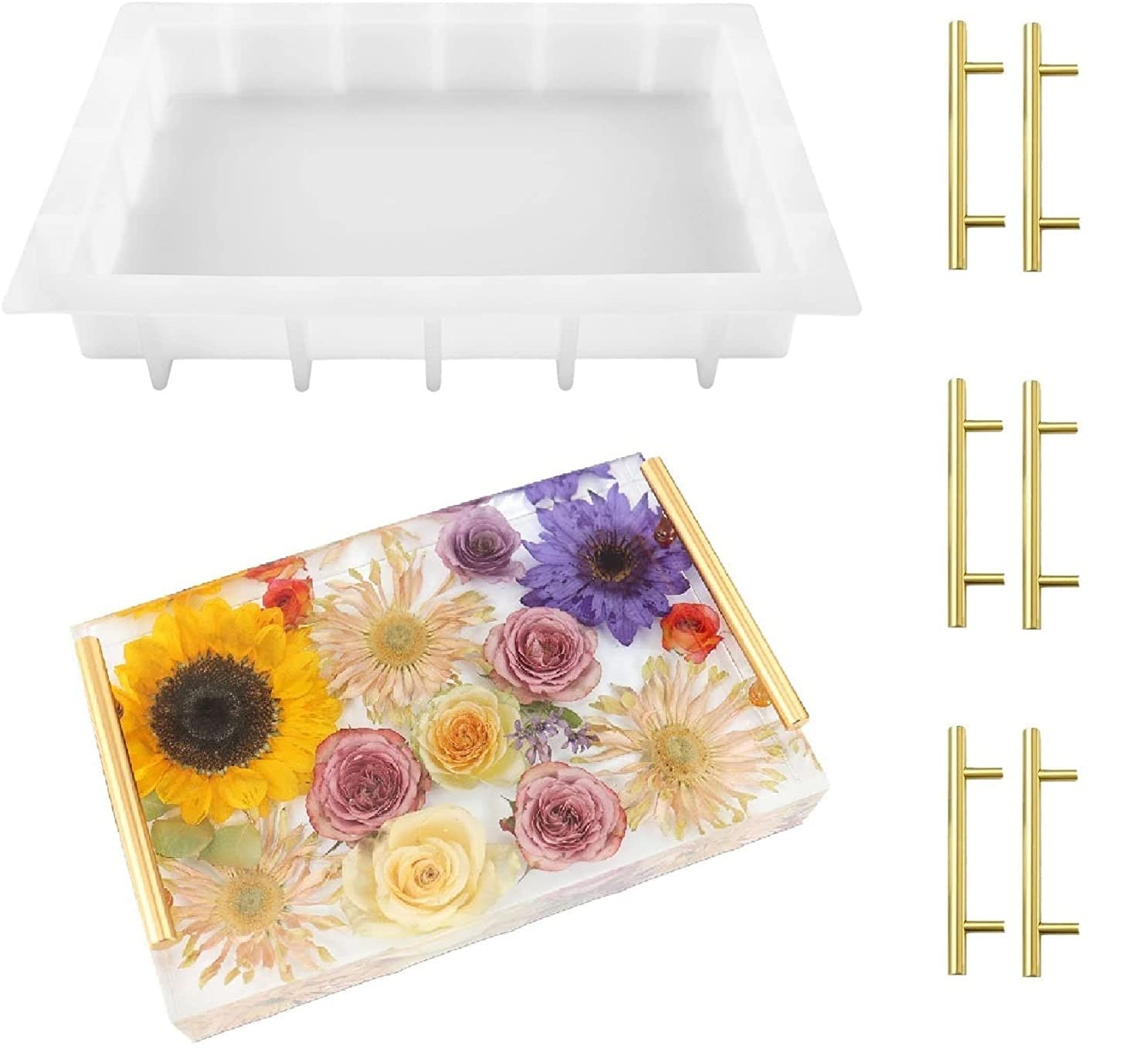 13.5" Rectangular x 2" Deep Large Tray Mold with 3 Pairs Gold Handles, Silicone Tray Board Table Clock Mold for Epoxy Resin, Floral Preservation Bouquet
