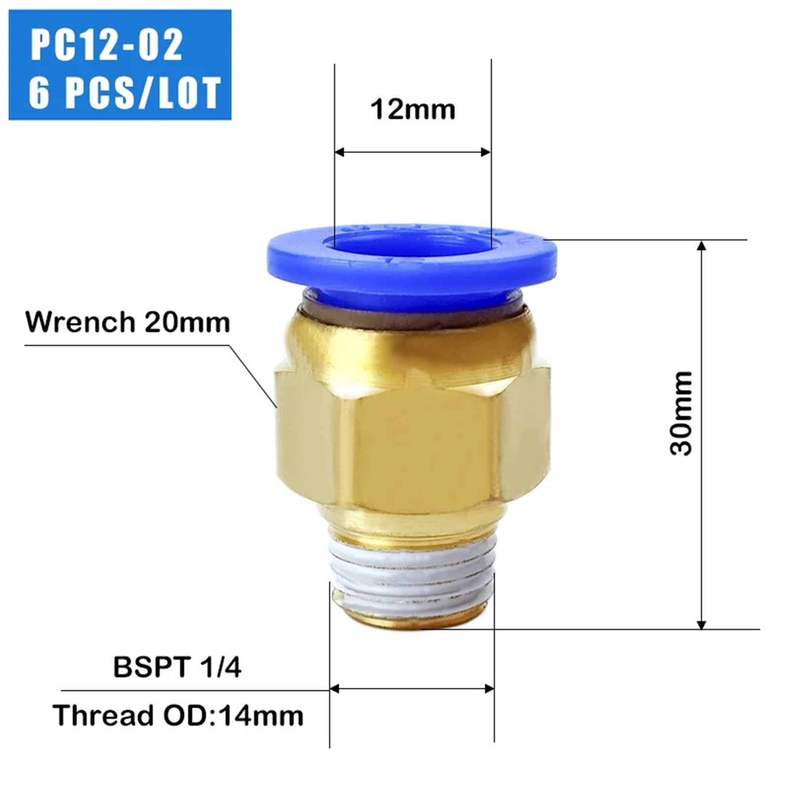 4-10PCS PC Series Pneumatic hose quick Release Fitting Connectors Thread BSPT 1/8 1/4 3/8 1/2 Male Straight One-Touch Fittings (Color : PC12-02 (6PCS))