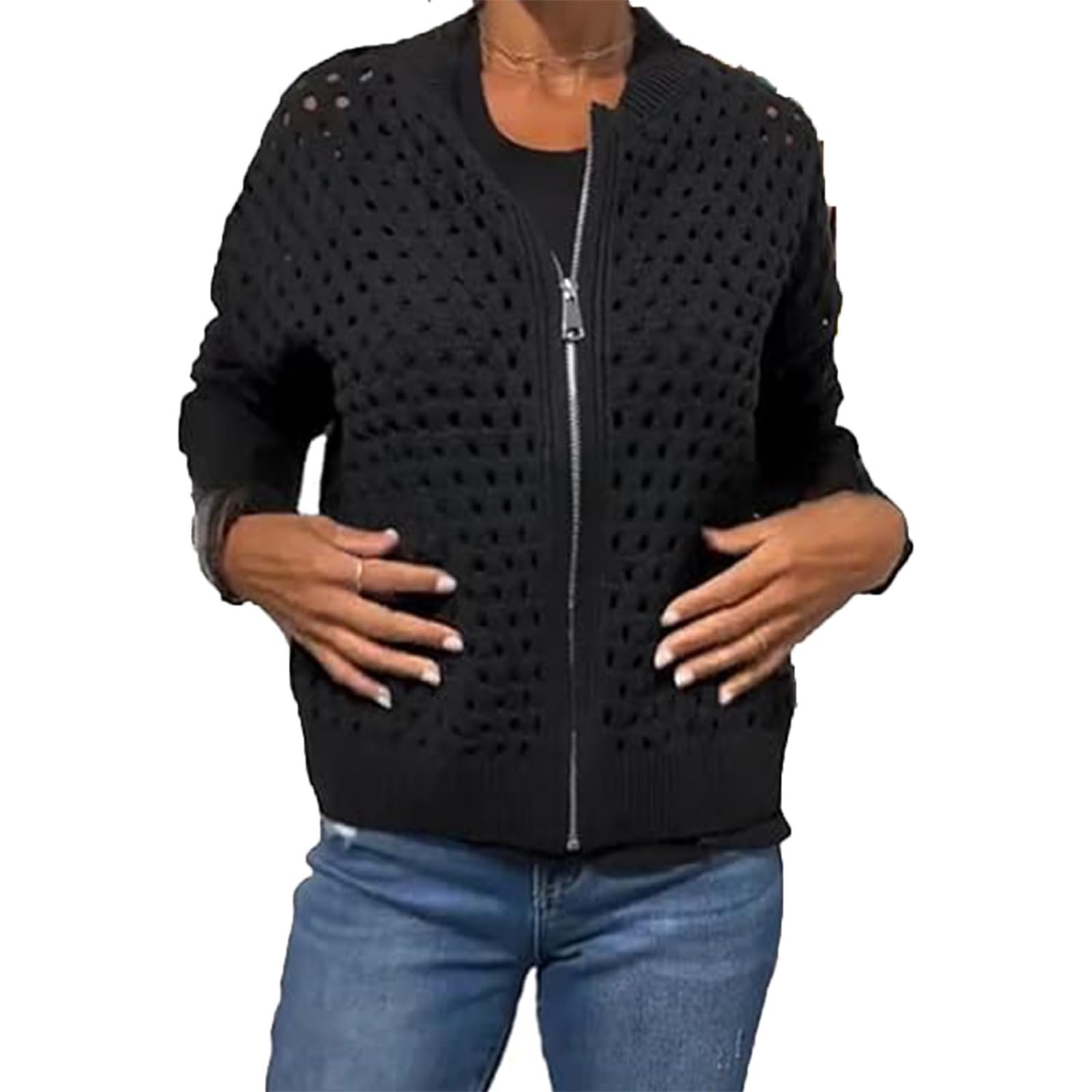 Giacca casual da donna con cerniera, maglia a rete all'uncinetto, scialle lavorato a maglia, cardigan leggero lavorato a maglia.