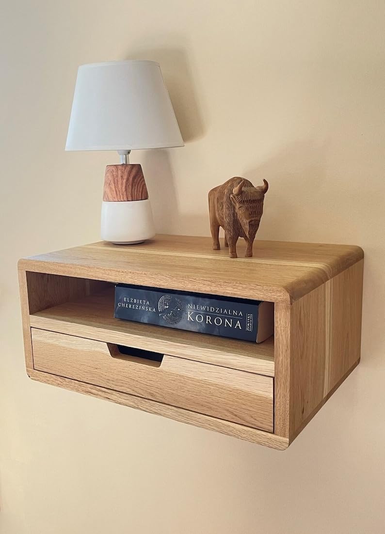 IThree Solid Wood Floating nightstand with 1 Drawer and storag, mid Century Bedside Table, mid Century Modern End Table nightstand for Bedroom-image-24
