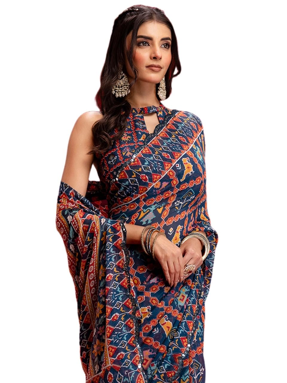 Women's Georgette Mirror Work Printed Saree with Unstitched Blouse Piece-image-43