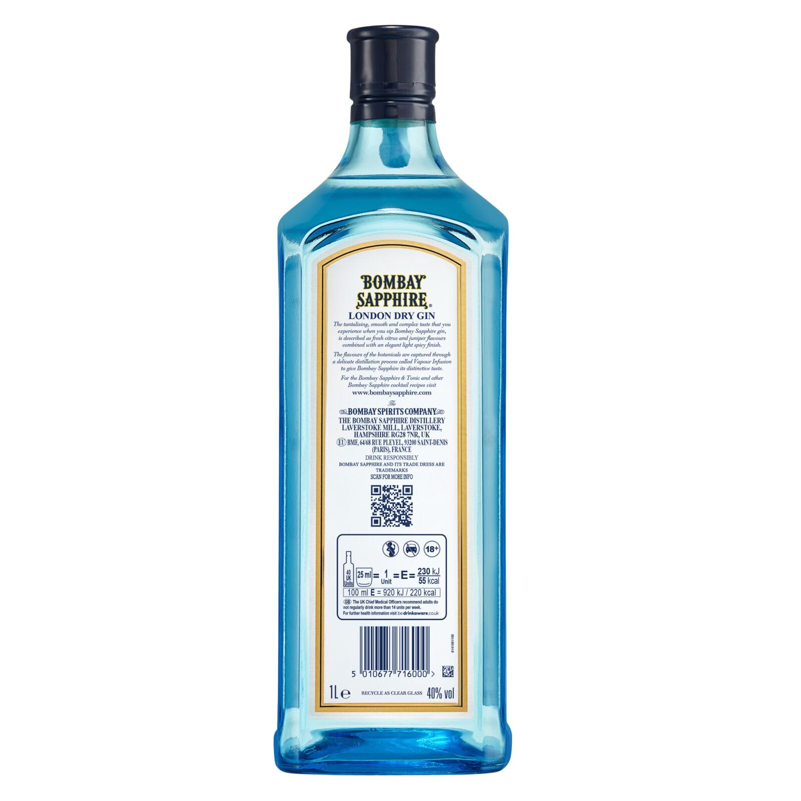 Bombay Sapphire London Dry Gin, 40 Vol-%, 100 cl / 1 L, zu 100% per Dampfinfusion destillierte Spirituose mit 10 erlesenen Botanicals