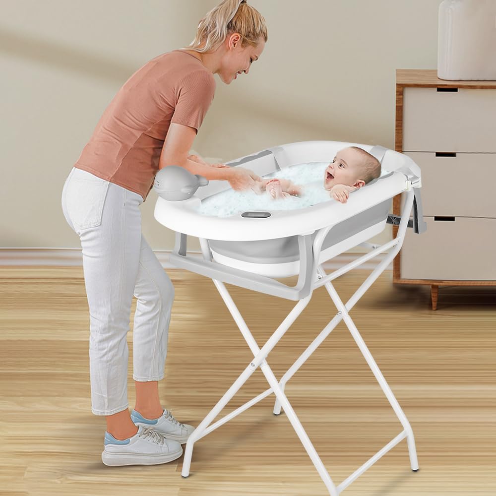 OHMG Bañera para bebé con soporte de 85 cm, bañera plegable para bebé, con termómetro y cojín de baño, bañera plegable