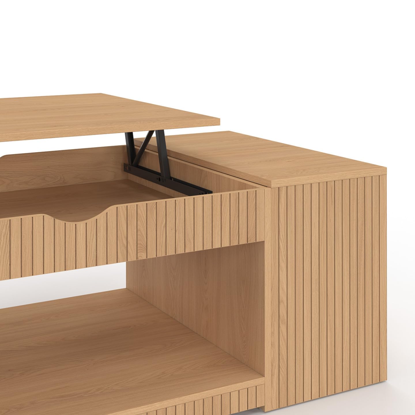 IDMarket - Table Basse Plateau relevable rectangulaire Juliette avec Coffre Lattes tasseau Bois Coloris chêne