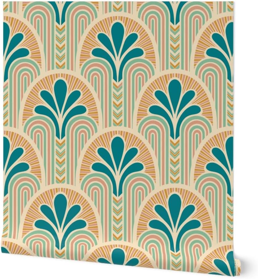 Spoonflower Removable Wallpaper Swatch - Beach Art Deco Vintage Retro Pastel Fan Colorful Teal Orange Custom Pre-Pasted Wallpaper