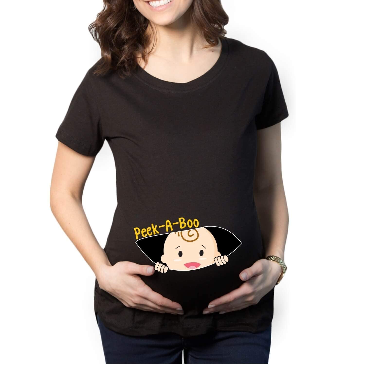 TheYaYaCafe Mothers Day Peek a Boo Baby Women's Pregnancy Maternity T-Shirt Top Tee Round Neck Half Sleeves Black Large